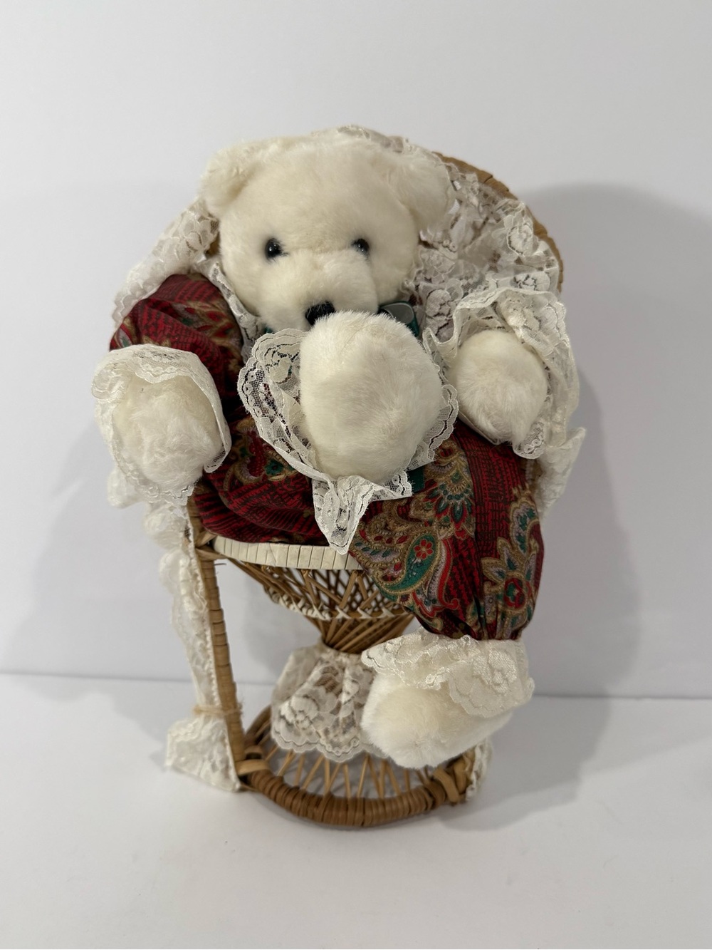 Vintage White Plush Cottagecore Teddy Bear in Miniature Wicker Peacock Chair
